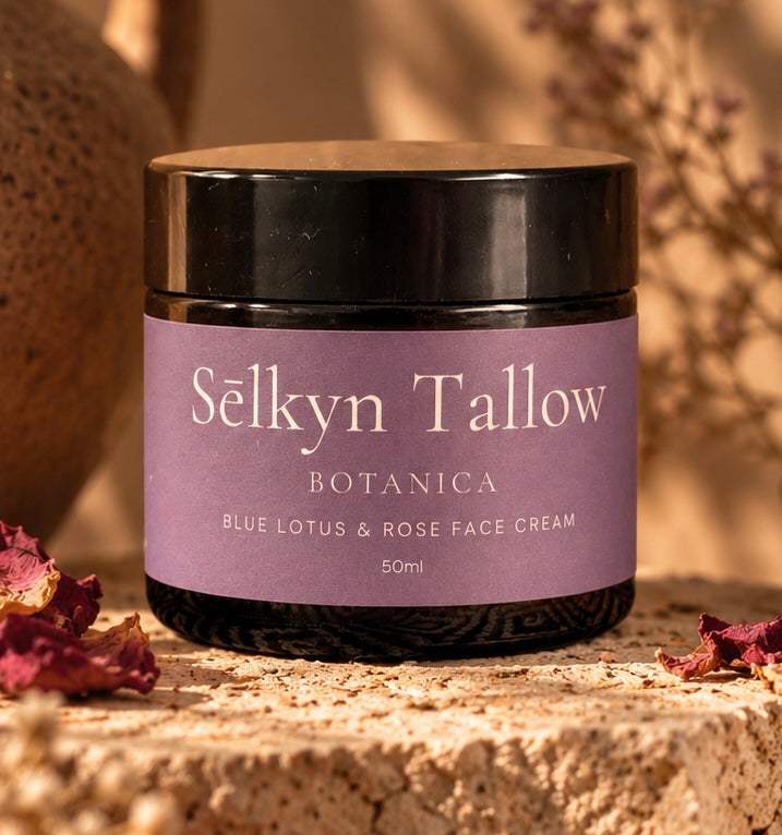 Botanica tallow face cream with blue lotus and rose in a 50ml glass jar by Sēlkyn Tallow