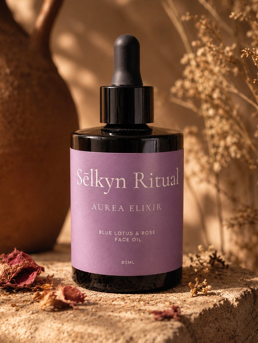 Aurea Elixir blue lotus and rose face oil in an 80ml dropper bottle by Sēlkyn Ritual
