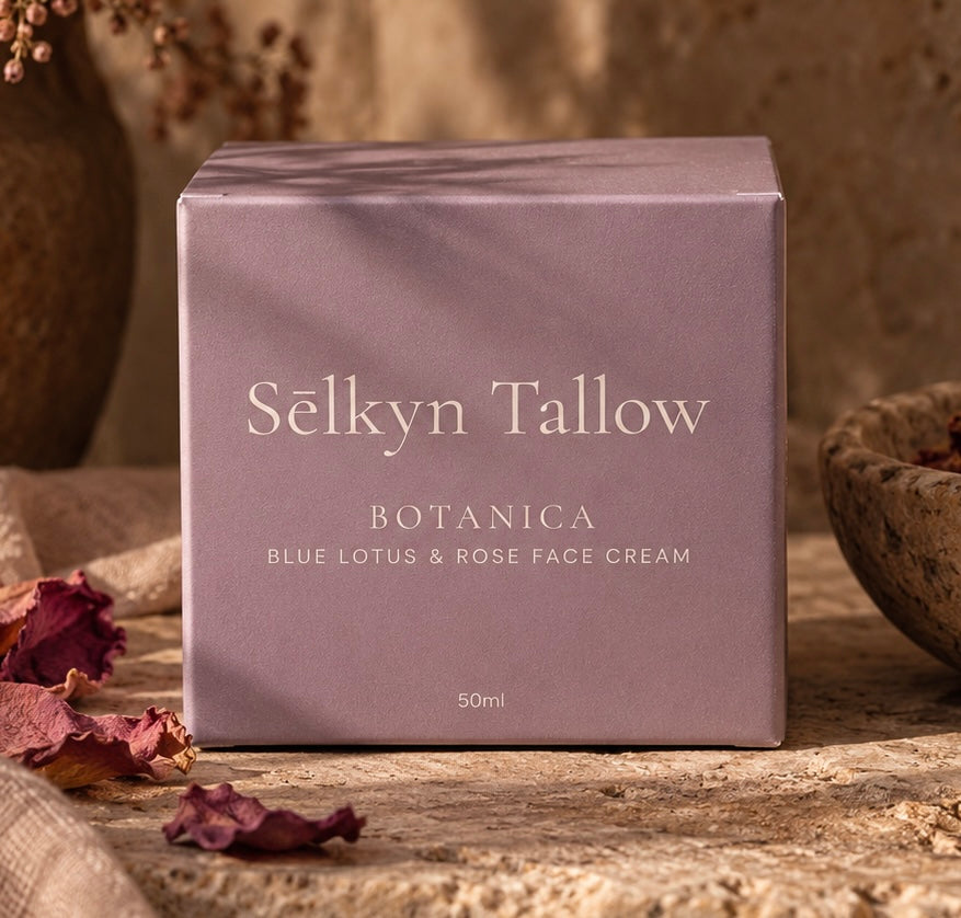 Botanica blue lotus and rose face cream box by Sēlkyn Tallow